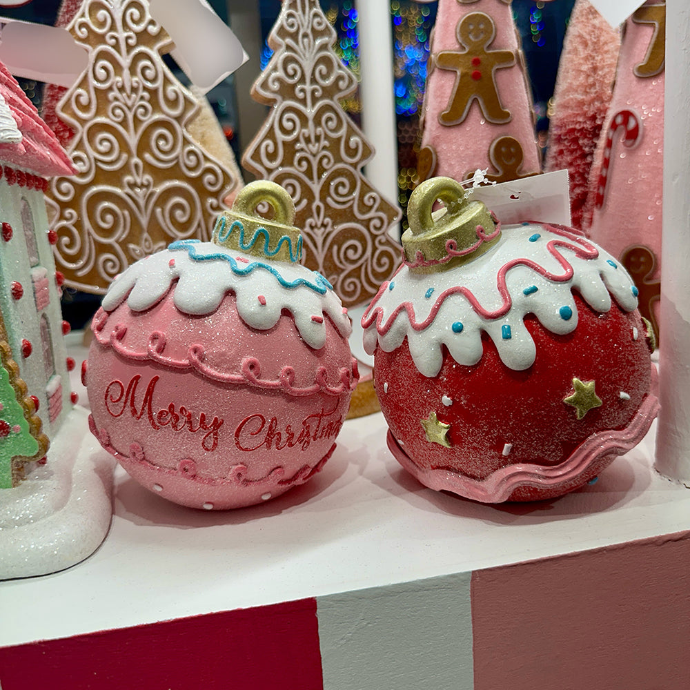 Viv! Christmas Tabletop Figure - 'Merry Christmas' Candy balls - set of 2 - pink red white - 16.5cm