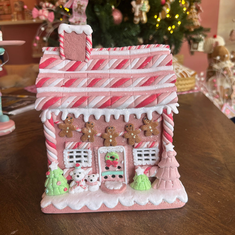 B-GRADE: Viv! Christmas Christmas Figure - Clay Gingerbread House with Marshmallow Bears incl. LED Lights - pastel pink - 23cm
