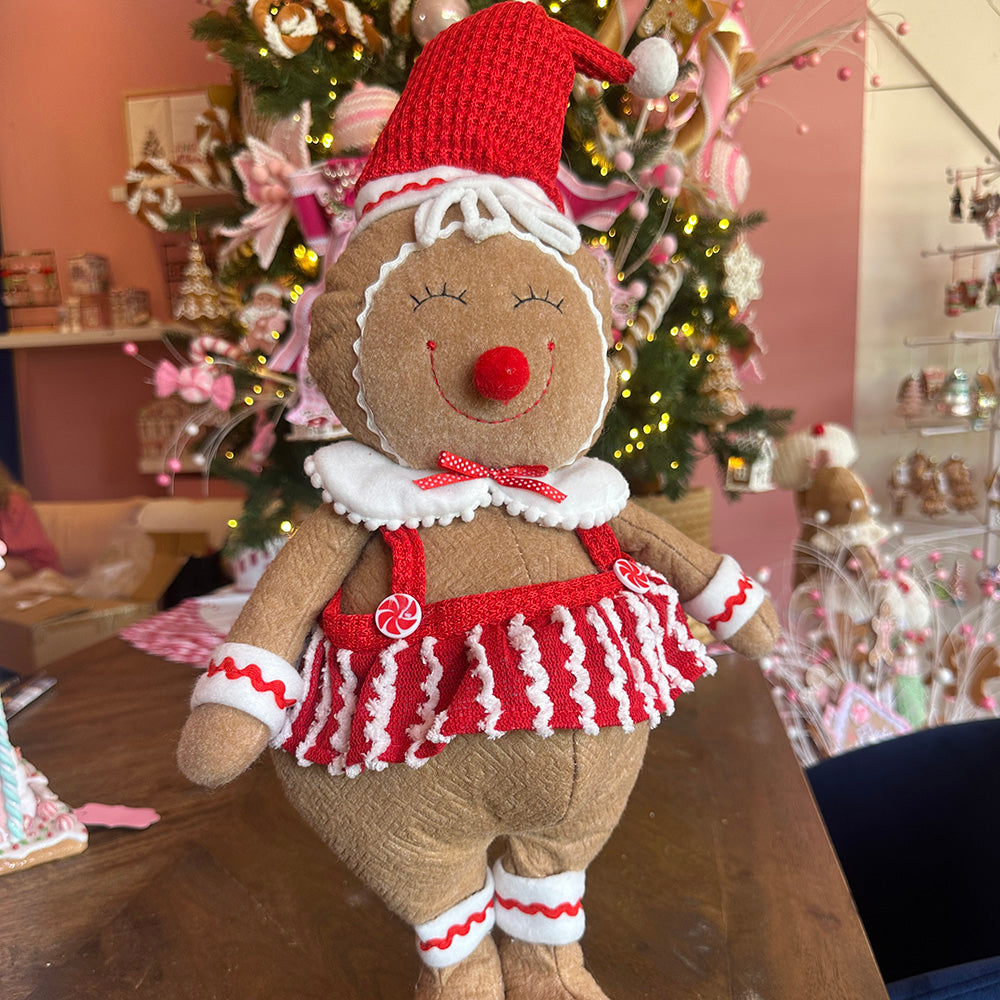 Viv! Christmas Weihnachtsfigur - Lebkuchen-Stoffpuppe mit Weihnachtsmütze - Braun Rot - 64 cm