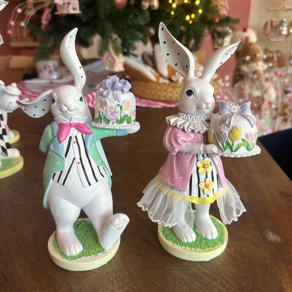B-KEUZE: Viv! Christmas Paasdecoratie - High Tea Paashazen met Taart - set van 2 - pasen - pastel - 23cm
