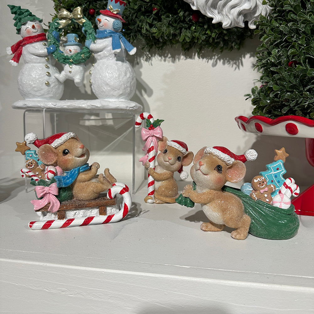 Viv! Christmas Tabletop Figure - Mice with Presents - Set of 3 - Blue Red - 14 cm