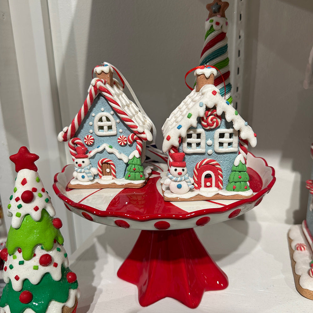Viv! Christmas Ornament - Gingerbread House w/ LED Lights - Set of 2 - Blue Red - 12 cm