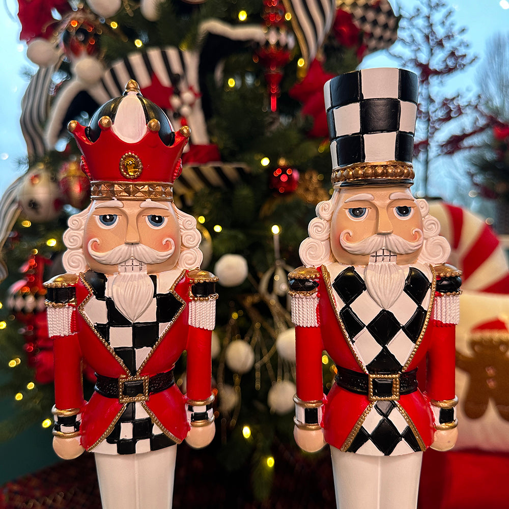 Viv! Christmas Tabletop Figure - Nutcracker on Pedestal - Set of 2 - Red White Black - 33cm