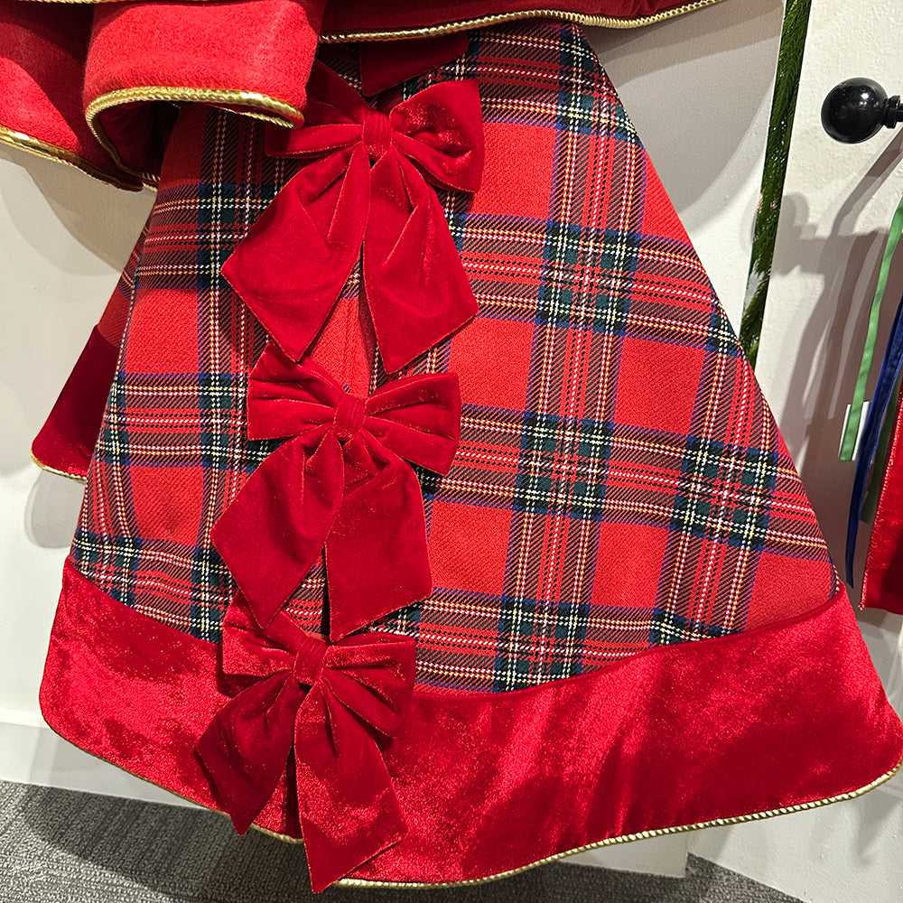 Viv! Christmas Luxury Tree Skirt - Classic Tartan w/ Velvet Bows - Red - Ø154 cm