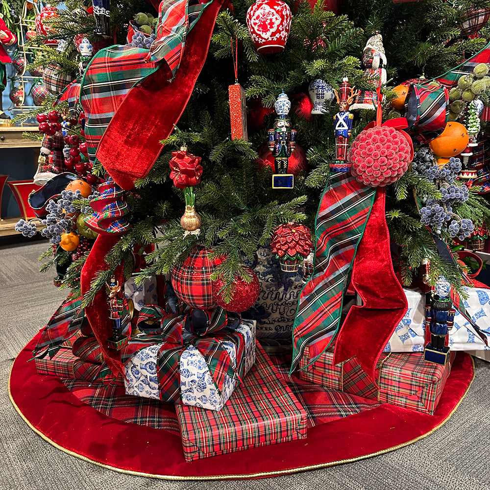 Viv! Christmas Luxury Tree Skirt - Classic Tartan w/ Velvet Bows - Red - Ø154 cm