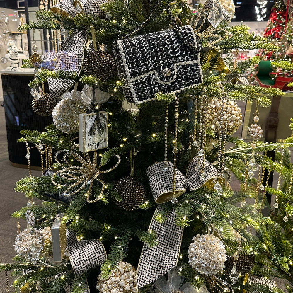 Viv! Christmas Tree Centrepiece - Luxury Tweed Handbag - Black White - 23 cm