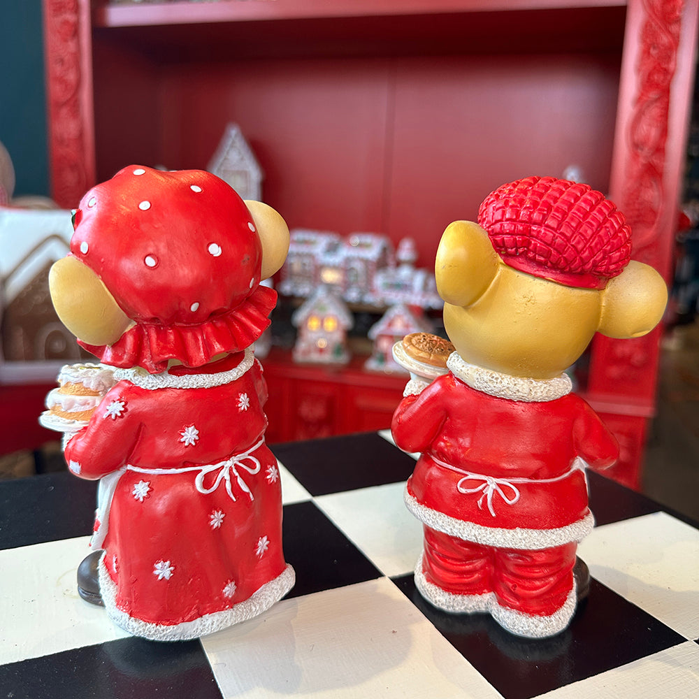 Viv! Christmas Kerstbeeld - Mrs. en Ms. Chef Muis - set van 2 - rood wit - 15cm