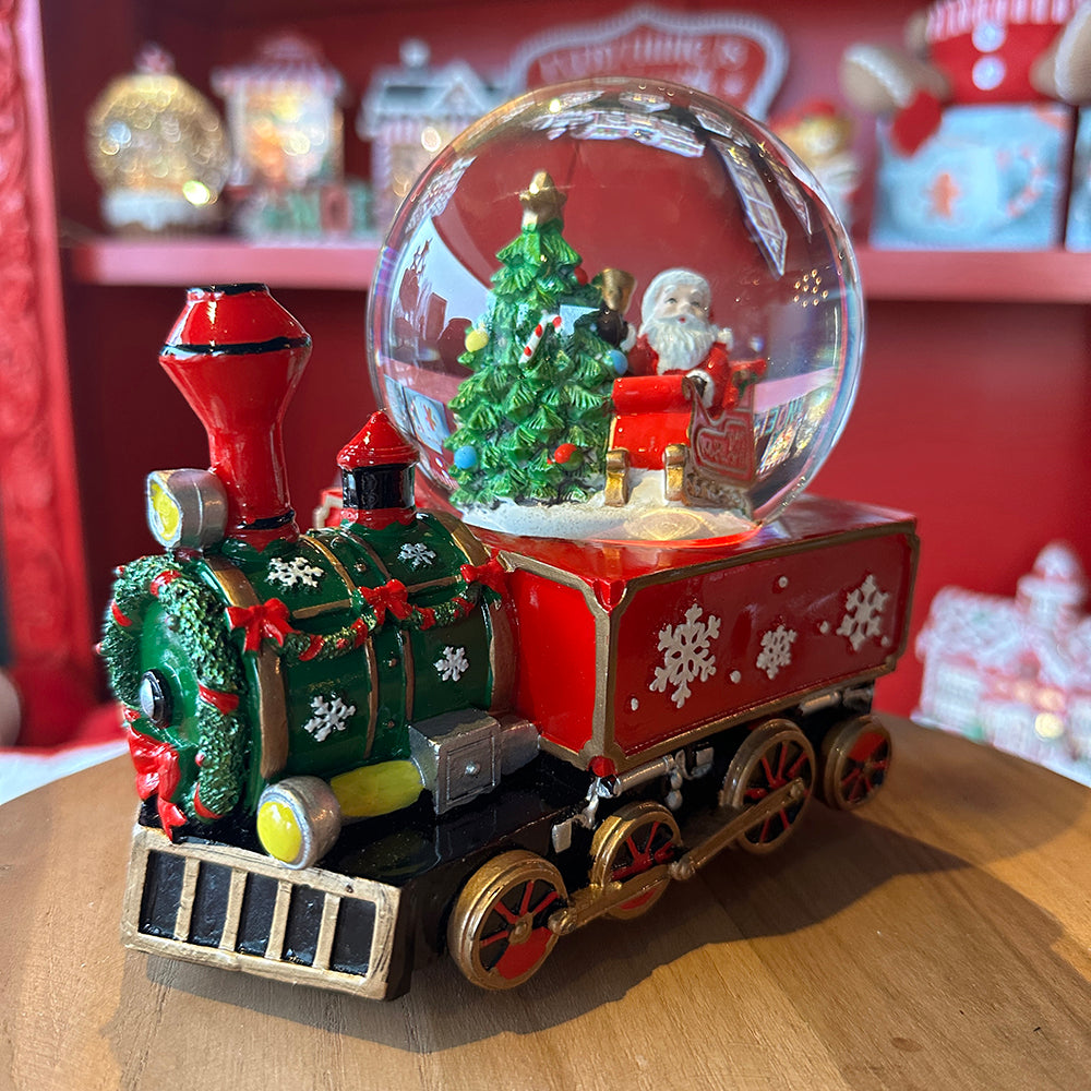 Viv! Christmas Kerst Sneeuwbol incl. Muziekdoos - Kerstman met Trein - rood - 16cm