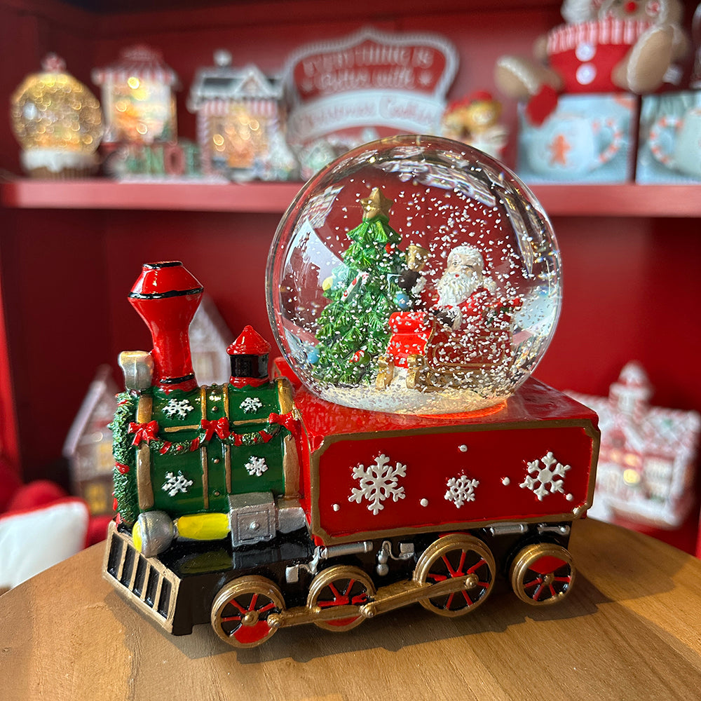 Viv! Christmas Snow Globe incl. Music Box - Santa with Train - red - 16cm