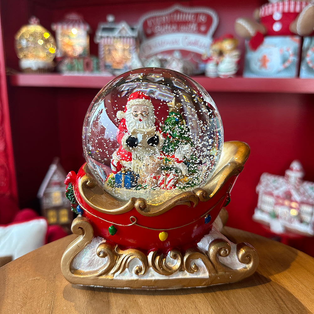 Viv! Christmas Snow Globe incl. Music Box - Santa Claus in Sleigh - Red - 10cm