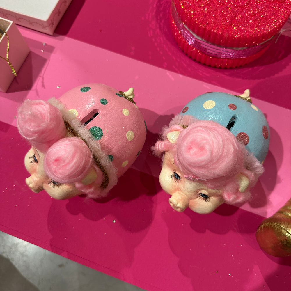Goodwill M&G Christmas Tabletop Figure - Cotton Candy Carnival Piggy Banks - Set of 2 - Pink - 15 cm