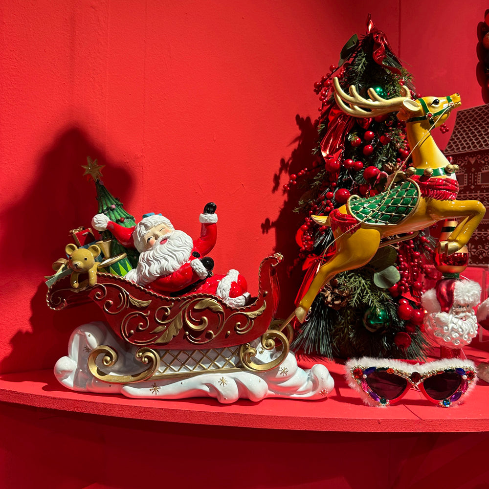 Goodwill M&G Christmas Tabletop Figure - Santa in Sleigh w/ Reindeer w/ LED Lights - Red Green - 52 cm
