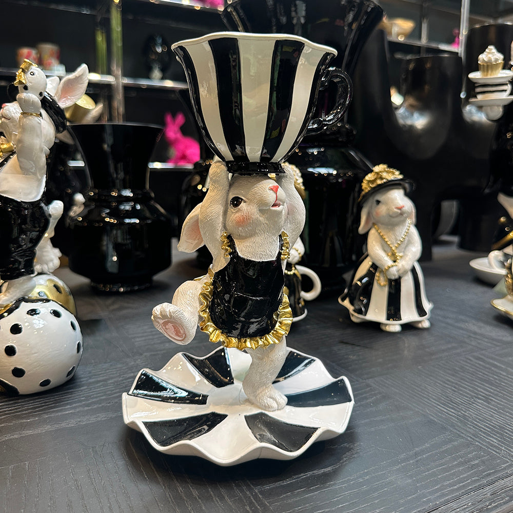 Viv! Christmas Easter Decoration - Bunny with Cup and Saucer - Black and White - 24cm