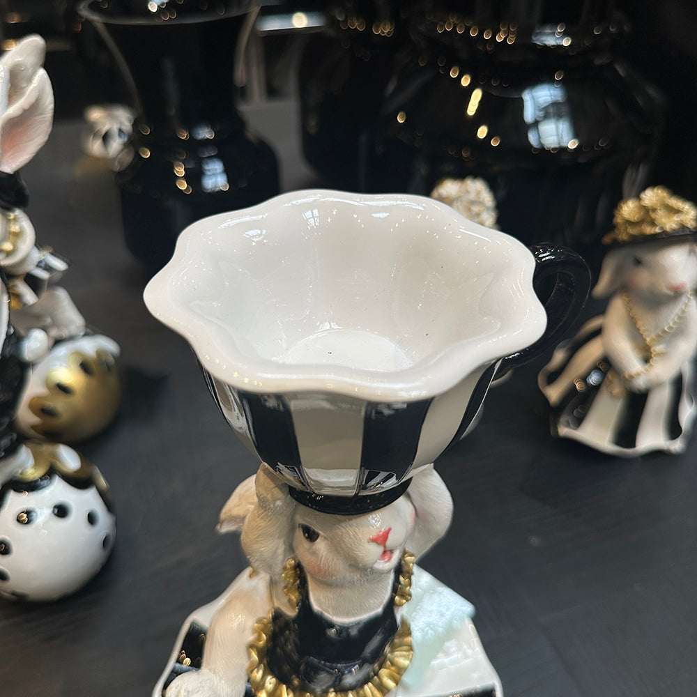 Viv! Christmas Easter Decoration - Bunny with Cup and Saucer - Black and White - 24cm