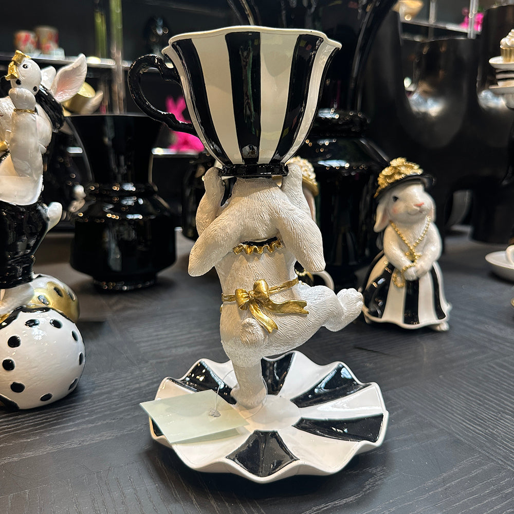 Viv! Christmas Easter Decoration - Bunny with Cup and Saucer - Black and White - 24cm