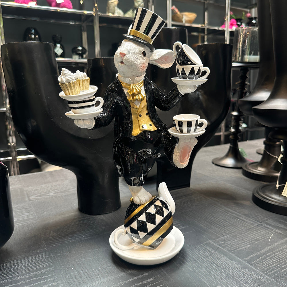 Viv! Christmas Easter Decoration - Balancing Bunny with Teacups - Black and White - 41cm