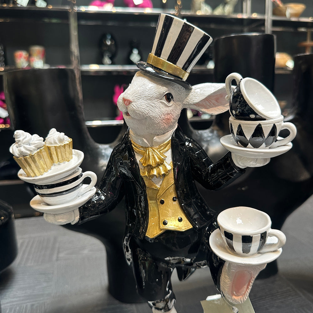 Viv! Christmas Easter Decoration - Balancing Bunny with Teacups - Black and White - 41cm