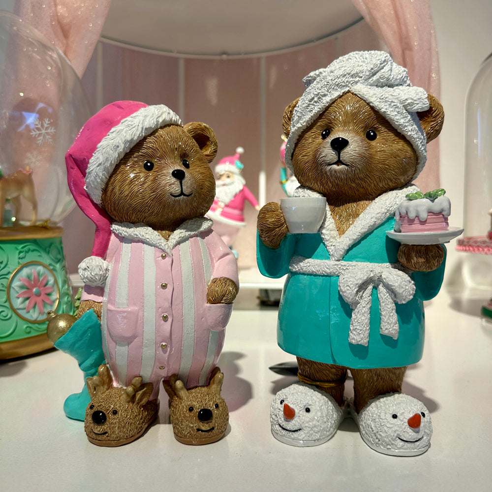 Viv! Christmas Tabletop Figure - Teddy Bears in Pyjamas & Slippers - Set of 2 - Pink Green - 23 cm
