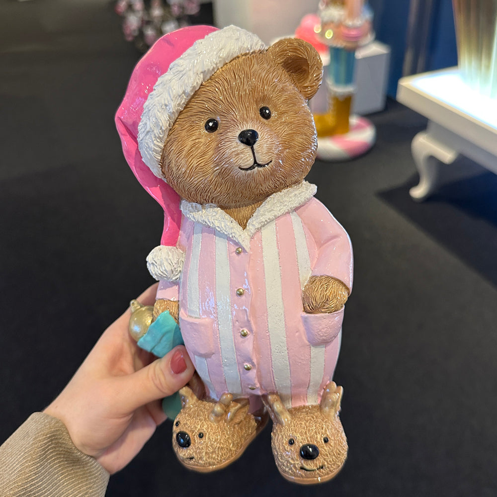 Viv! Christmas Tabletop Figure - Teddy Bears in Pyjamas & Slippers - Set of 2 - Pink Green - 23 cm