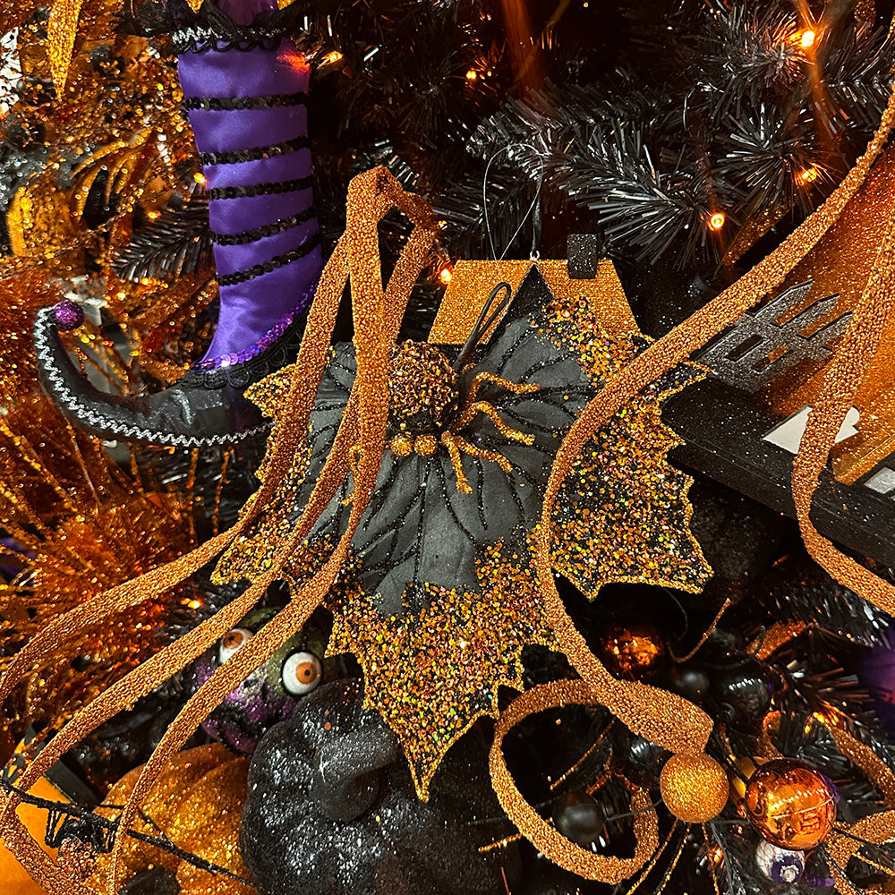 Viv! Christmas Halloween Decor - Sequin Spider with Leaf Ornament - Set of 3 - 25cm