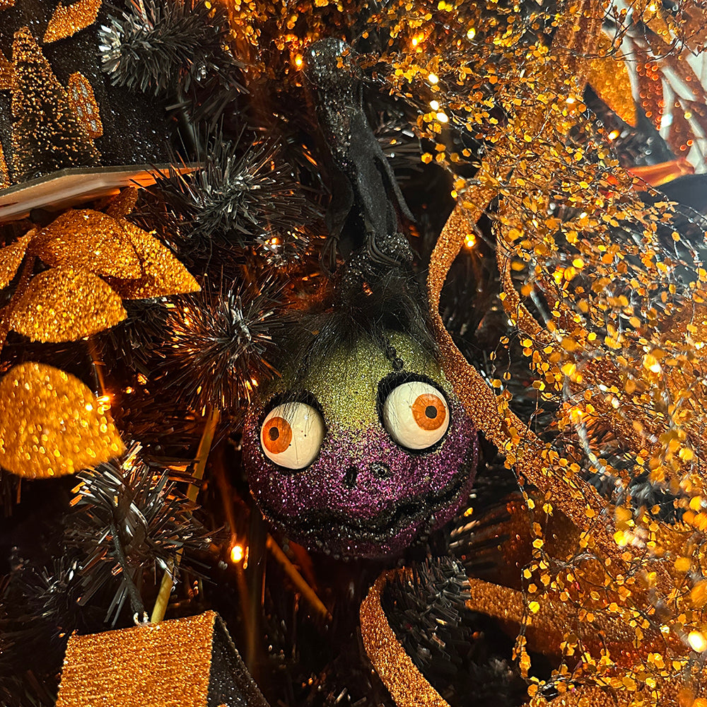 Viv! Christmas Halloween Decor - Glitter Pumpkin with Black Crow Ornament - set of 2 - 20 cm