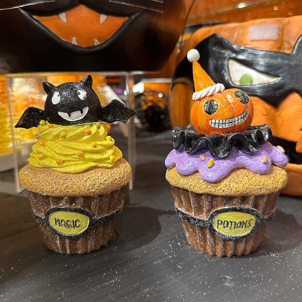 Viv! Christmas Halloween Tabletop Figurine - Bat and Pumpkin Cupcake - set of 2 - 13-14 cm
