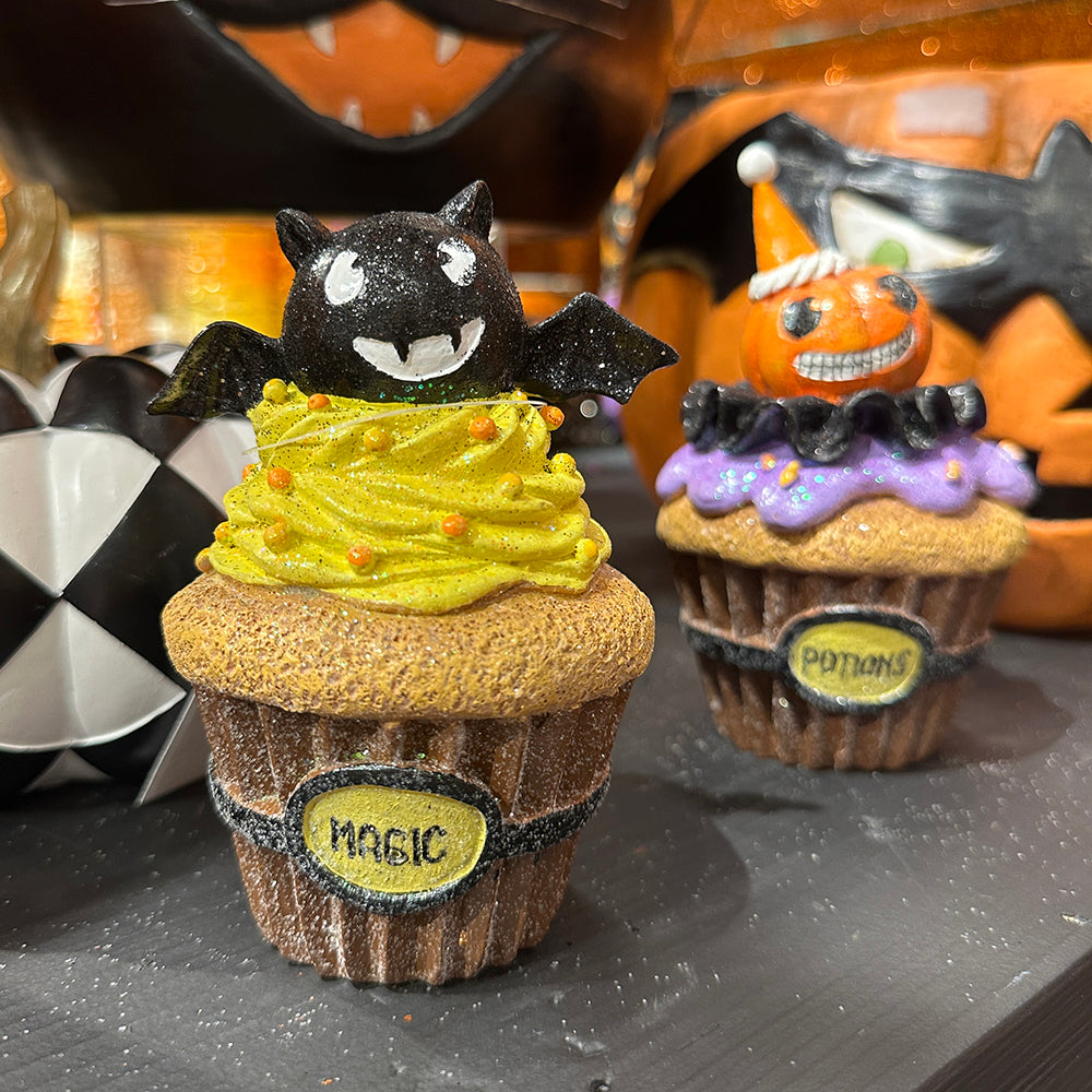 Viv! Christmas Halloween Tabletop Figurine - Bat and Pumpkin Cupcake - set of 2 - 13-14 cm