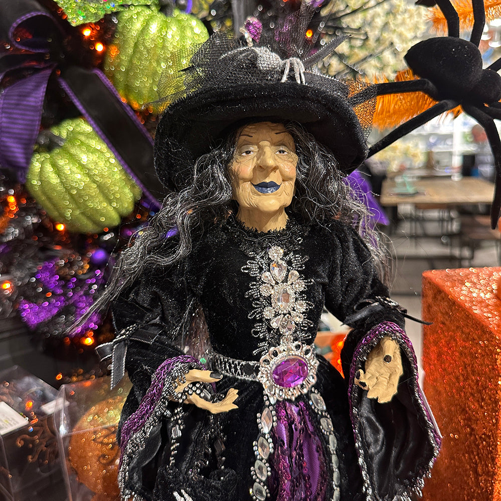 Viv! Christmas Halloween Tabletop Figurine - Scary Witch on Pedestal - purple black - 61 cm