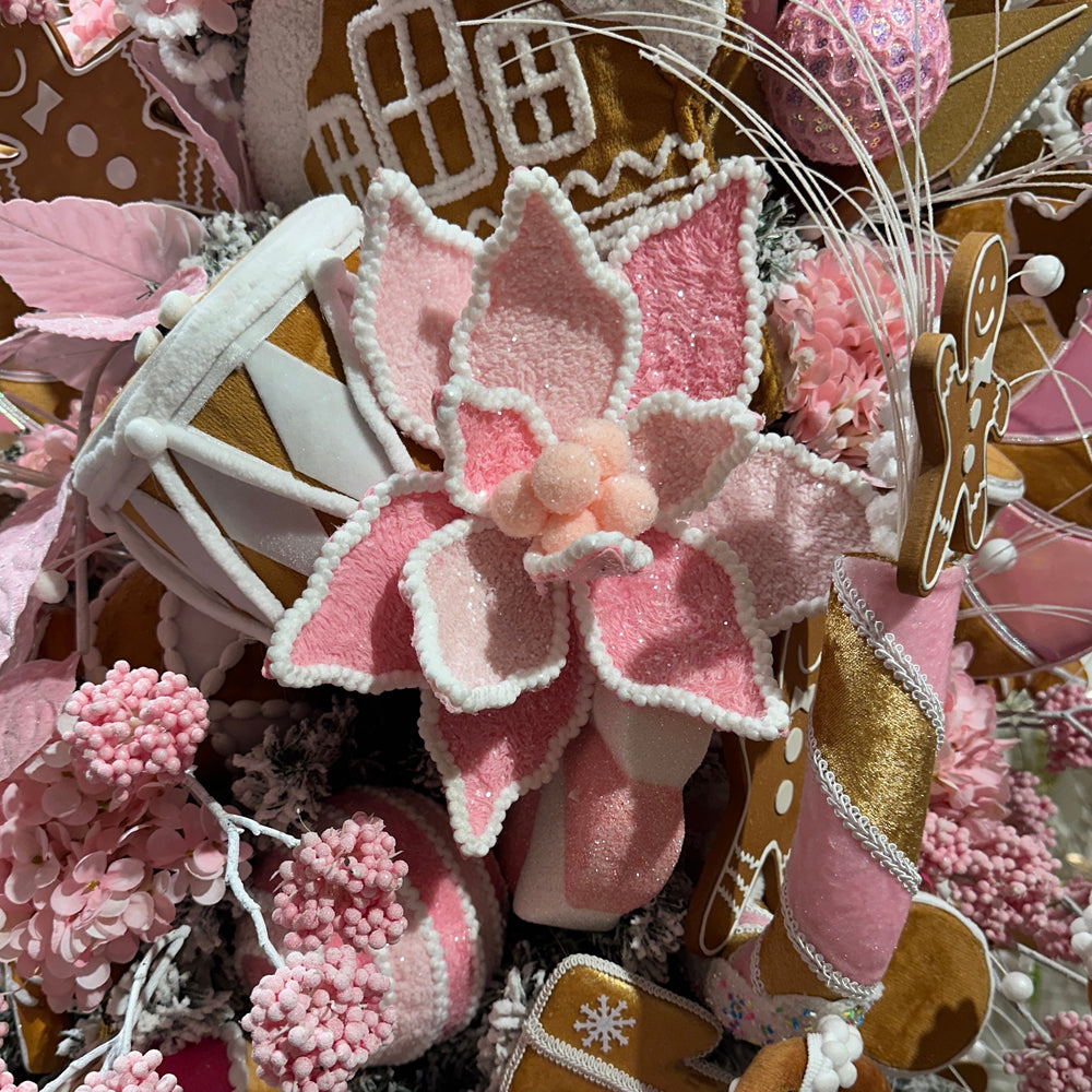 Viv! Christmas Kersttak - Pluche Poinsettia 'Kerstster' Bloem met Glitters - roze wit - 61cm