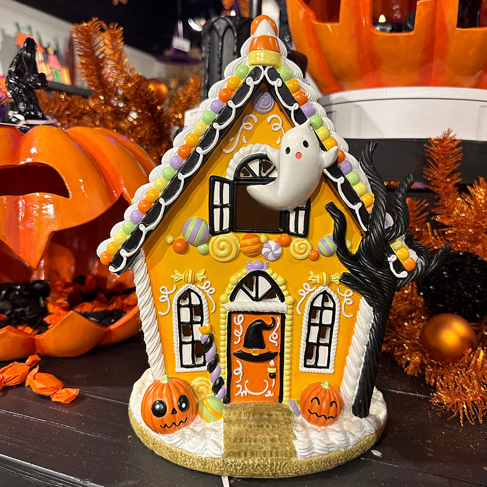 Viv! Christmas Halloween Decoratie Beeld - Gingerbread Huis met Spookje incl. LED Verlichting - 30 cm