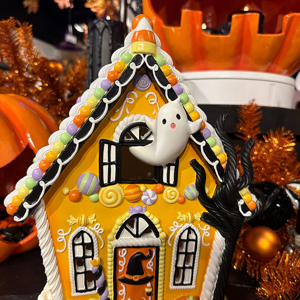 Viv! Christmas Halloween Decoratie Beeld - Gingerbread Huis met Spookje incl. LED Verlichting - 30 cm