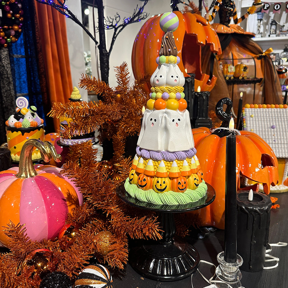 Viv! Christmas Halloween Decoratie Beeld - Grote Taart met Spookjes en Pompoenen - 51 cm