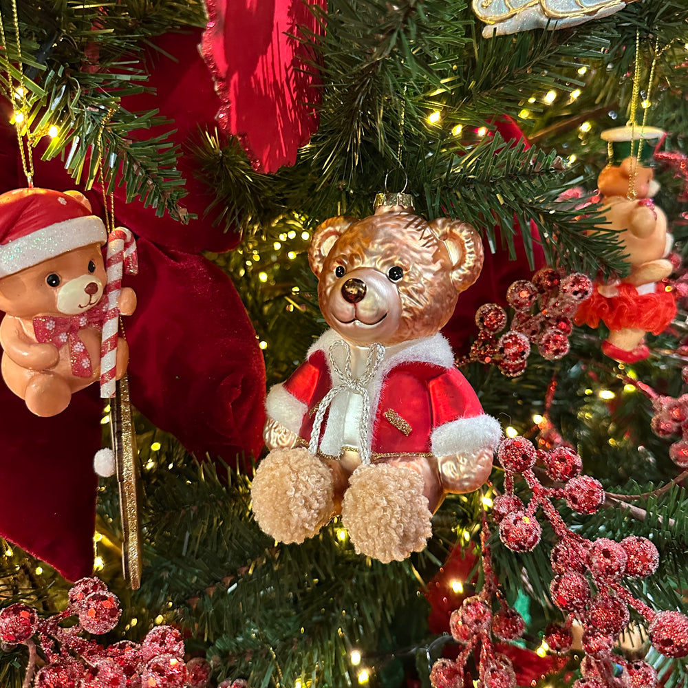 Kurt S. Adler Weihnachtsanhänger - Teddybär mit Plüschjacke - Glas - Rot Weiß - 14 cm
