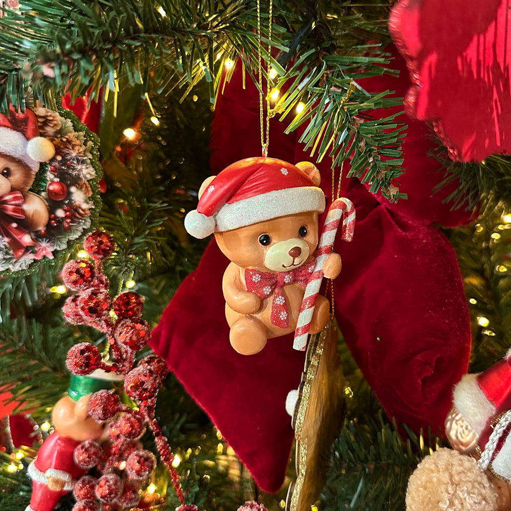 Kurt S. Adler Weihnachtsanhänger - Teddybären mit Rentiergeweih und Süßigkeiten - 3er-Set - Rot Grün - 10 cm