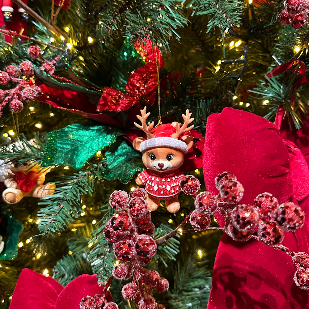 Kurt S. Adler Weihnachtsanhänger - Teddybären mit Rentiergeweih und Süßigkeiten - 3er-Set - Rot Grün - 10 cm