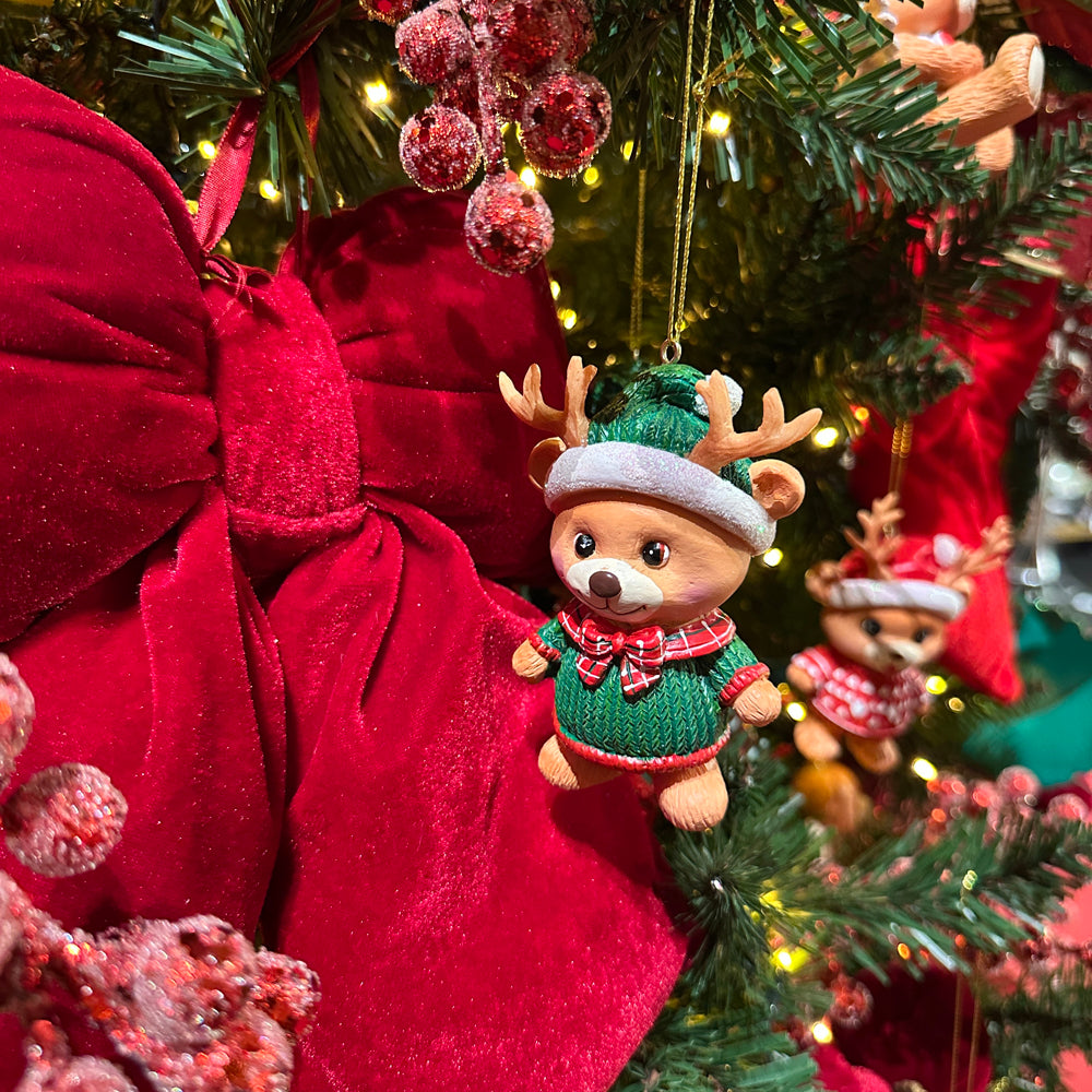 Kurt S. Adler Weihnachtsanhänger - Teddybären mit Rentiergeweih und Süßigkeiten - 3er-Set - Rot Grün - 10 cm