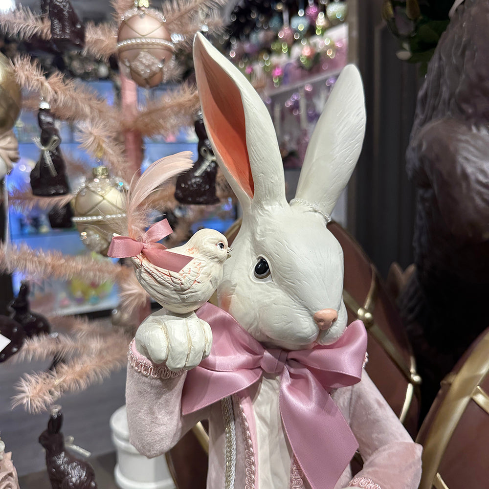 Viv! Christmas Easter Decoration - French Easter Bunny with Pink Coat and Bird - pink white - 53cm