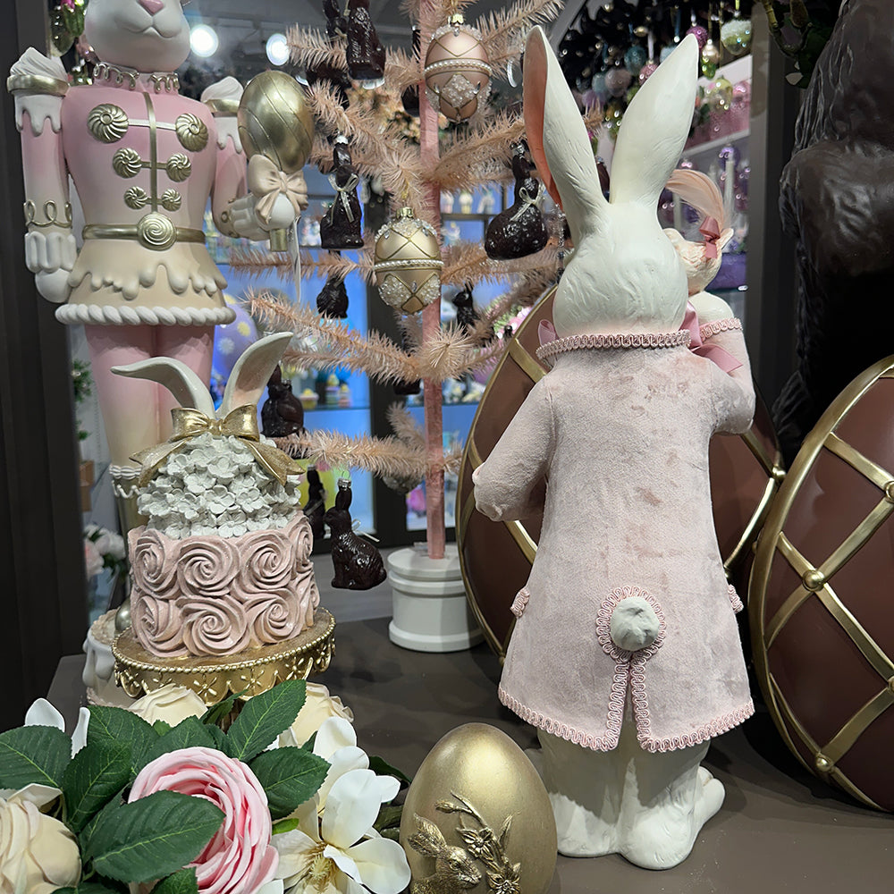Viv! Christmas Easter Decoration - French Easter Bunny with Pink Coat and Bird - pink white - 53cm