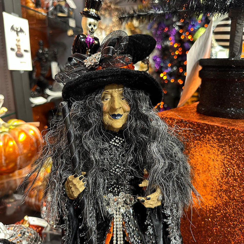 Viv! Christmas Halloween Tabletop Figurine - Scary Witch on Pedestal - Orange Black - 56 cm