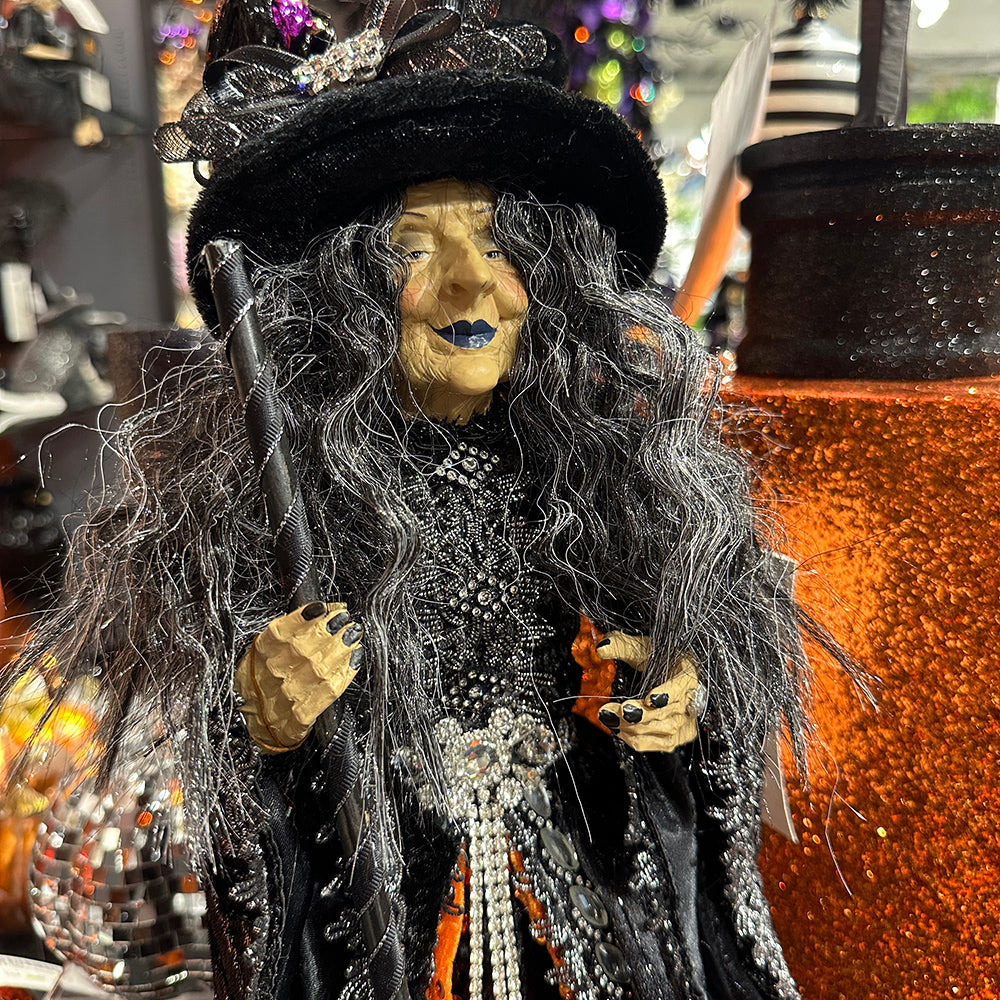 Viv! Christmas Halloween Tabletop Figurine - Scary Witch on Pedestal - Orange Black - 56 cm