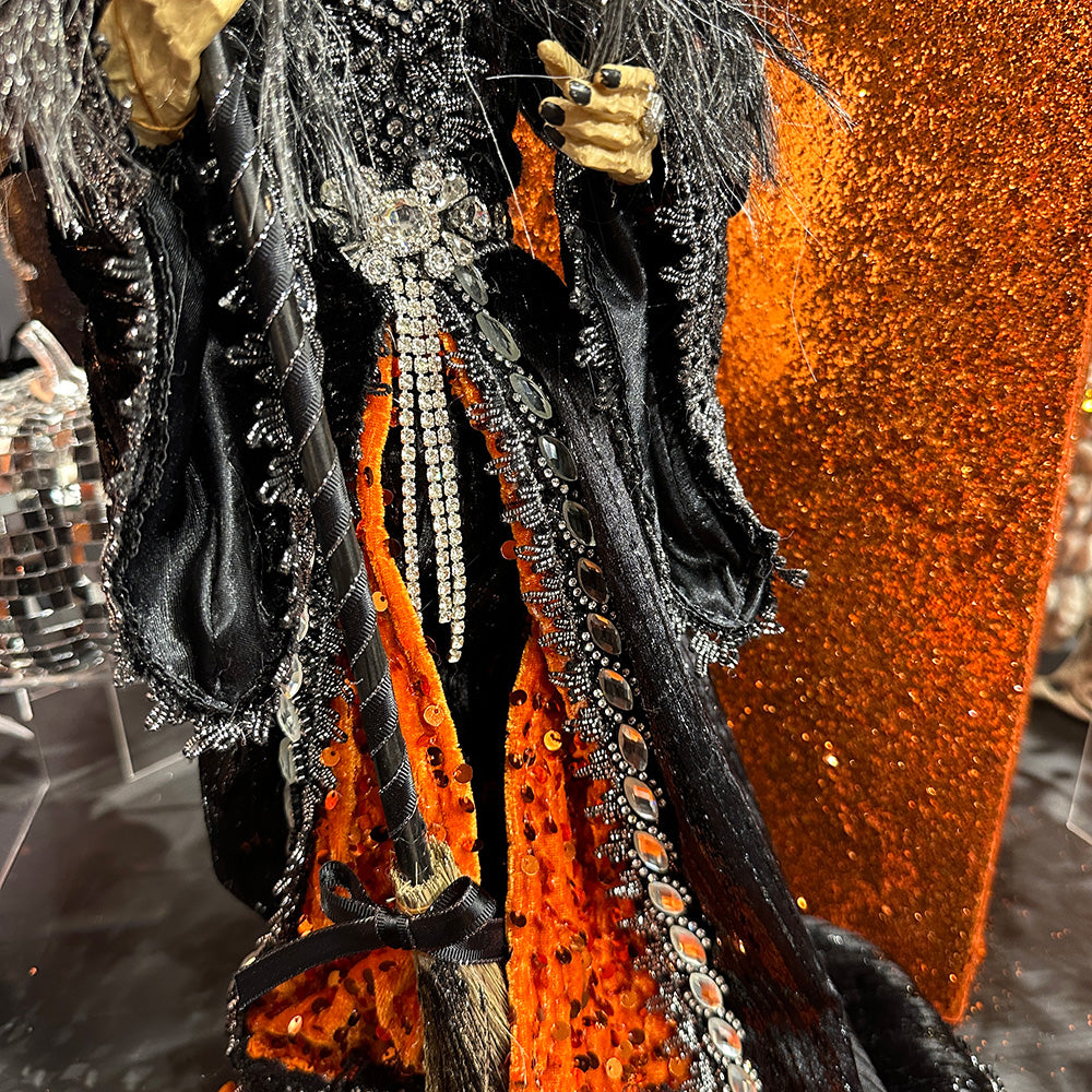 Viv! Christmas Halloween Tabletop Figurine - Scary Witch on Pedestal - Orange Black - 56 cm