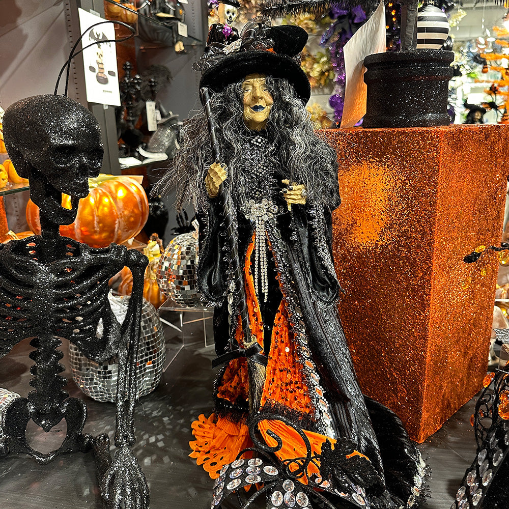 Viv! Christmas Halloween Tabletop Figurine - Scary Witch on Pedestal - Orange Black - 56 cm