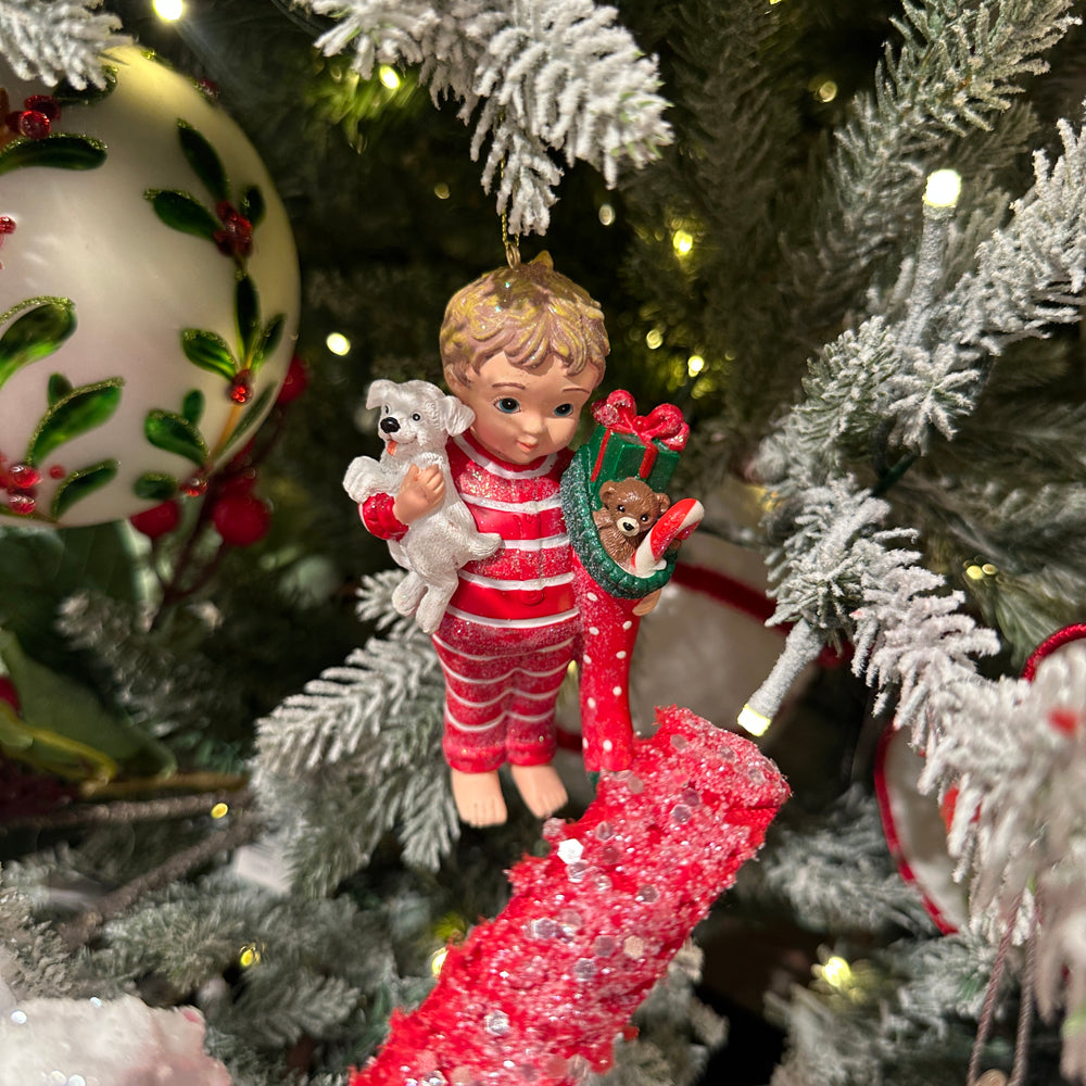 Viv! Christmas Weihnachtsanhänger – Kinder im Pyjama mit Geschenken – 2er Set – Rot – 10 cm