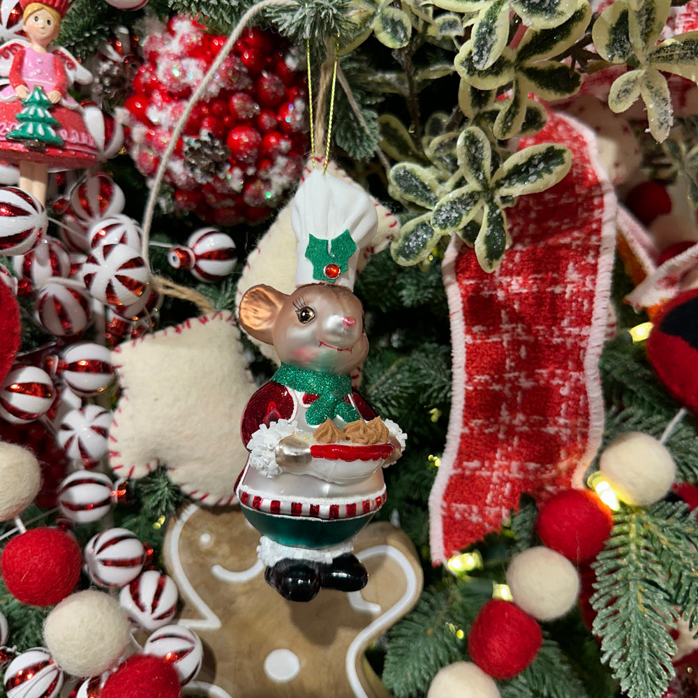 Viv! Christmas ornament - Mouse with Cake - glass - red green - 14cm