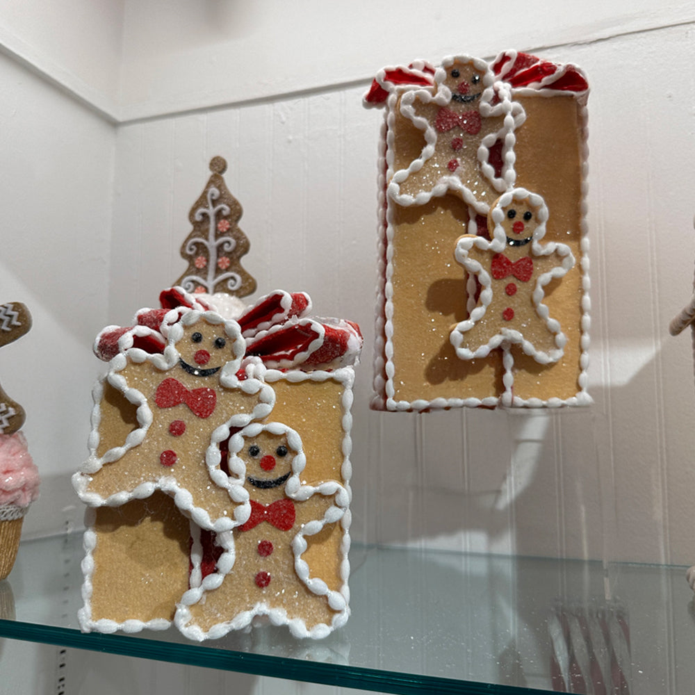 Viv! Christmas Kerstbeeld / Kerstboom Centerpiece - Gingerbread Cadeaubox met Strik - bruin rood - 13cm