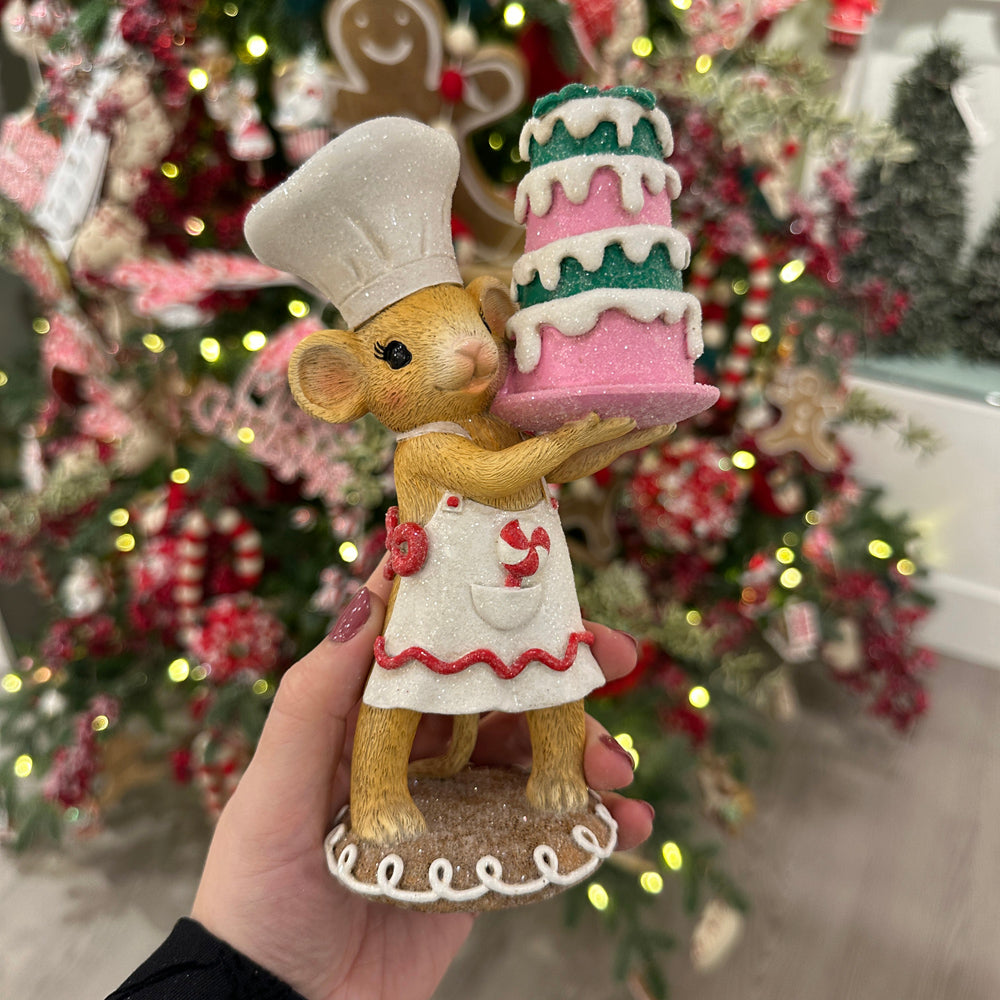 Viv! Christmas Kerstbeeld - Bakkersmuisjes met Taart & Gingerbread Koekje - set van 2 - bruin wit - 18cm