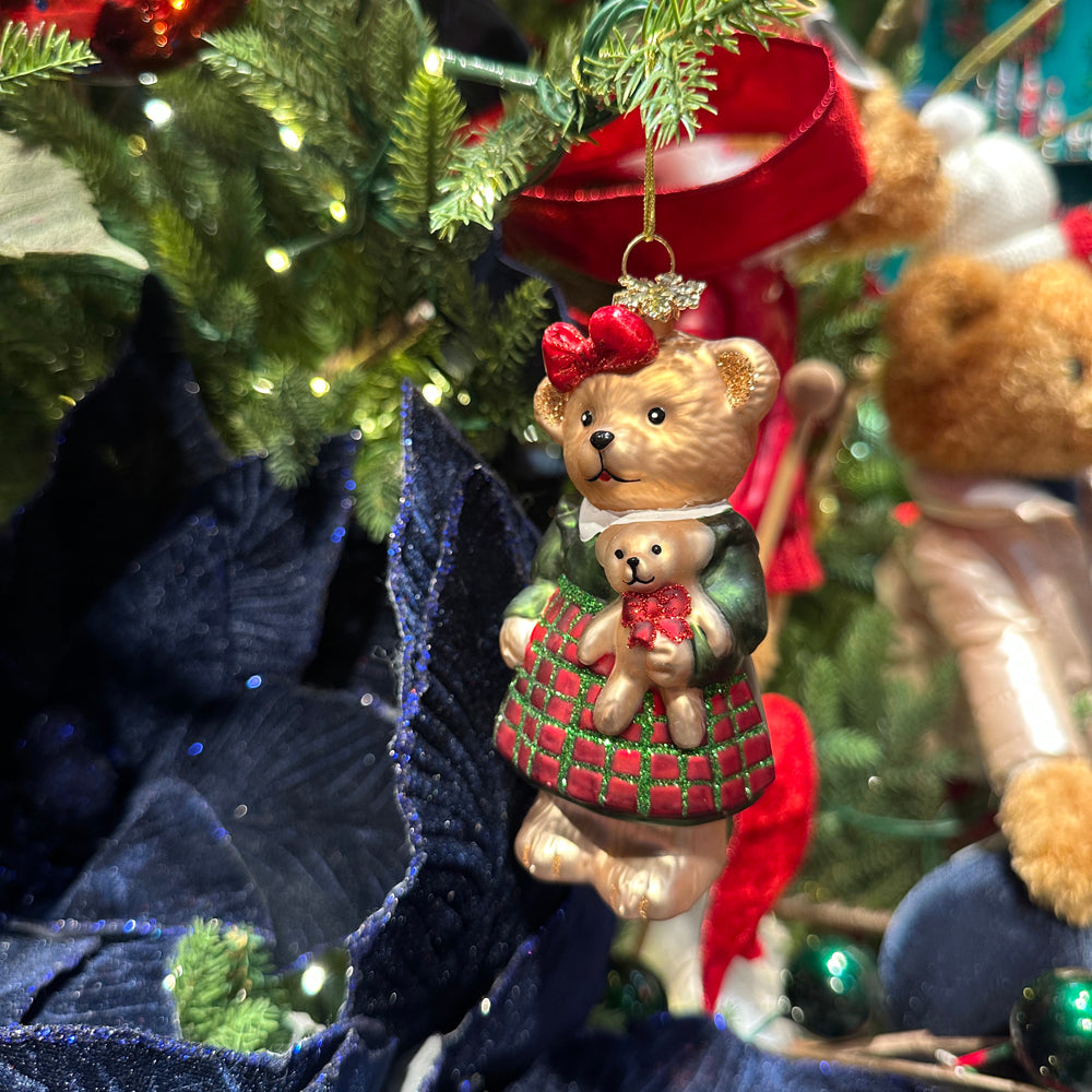 Viv! Christmas Weihnachtsanhänger - Teddybär Junge & Mädchen - 2er-Set - Glas - Rot Grün - 13 cm