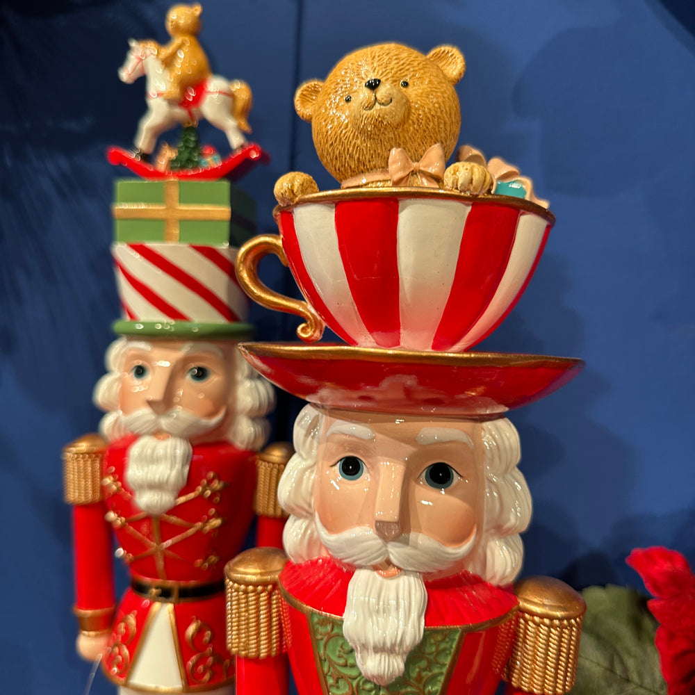 Viv! Christmas Tabletop Figure - Nutcracker with Teacup & Teddy Bear - Red Green - 45 cm