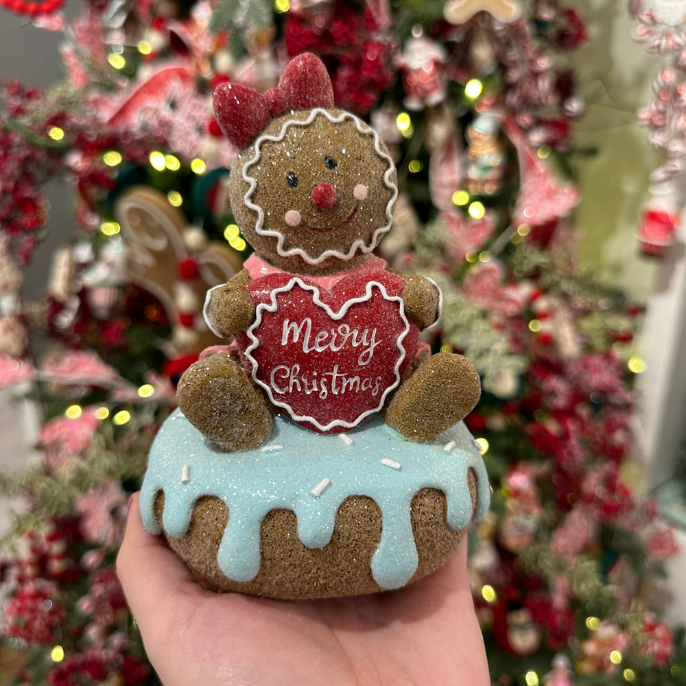 Viv! Christmas Kerstbeeld - Gingerbread Poppetjes op Geglazuurde Donuts - set van 2 - bruin rood - 14cm