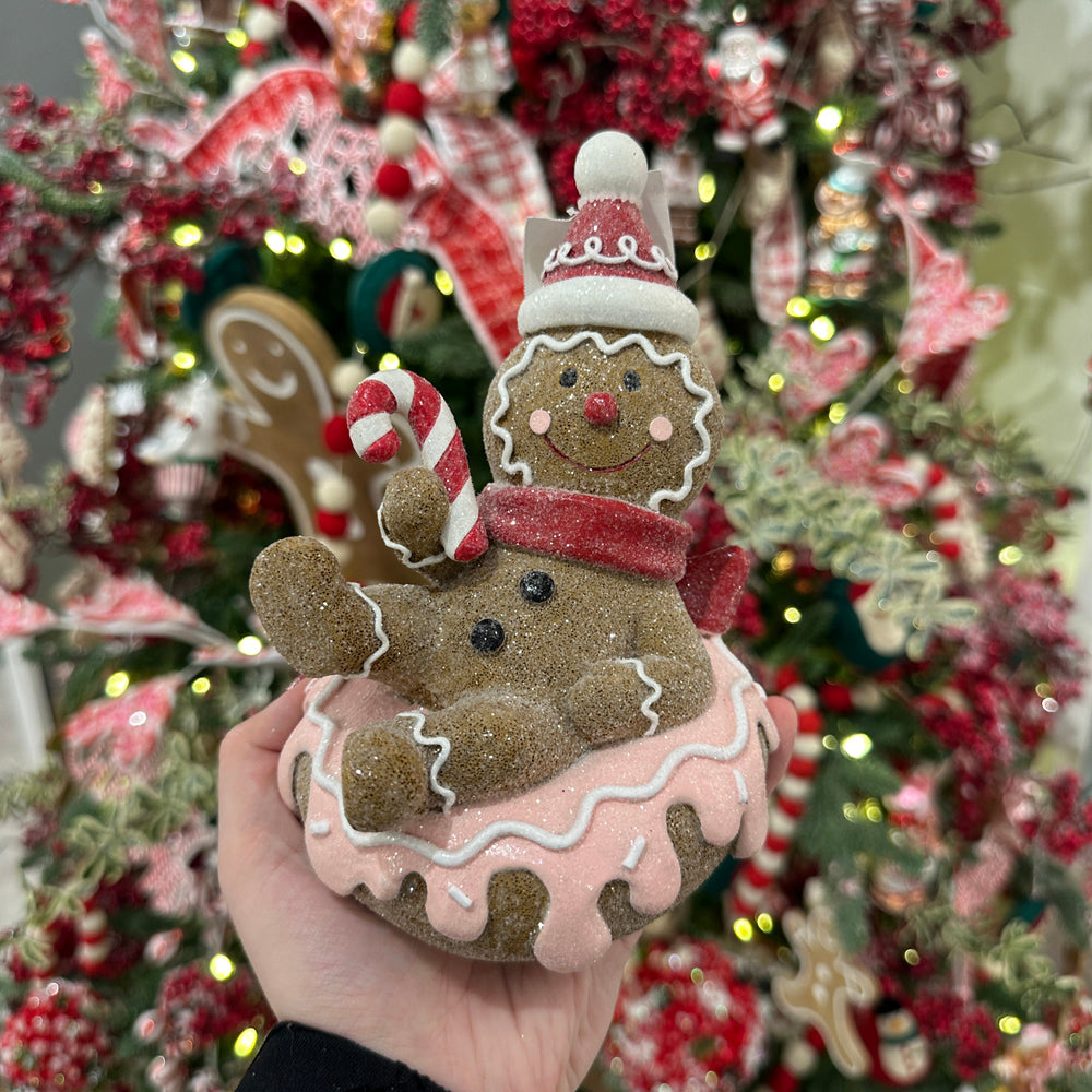 Viv! Christmas Kerstbeeld - Gingerbread Poppetjes op Geglazuurde Donuts - set van 2 - bruin rood - 14cm